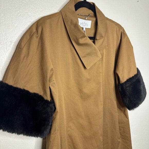 Pearl by Lela Rose Camel Twill Coat with Fur Cuffs XS Vintage Inspired $595 NWT - Picture 3 of 9